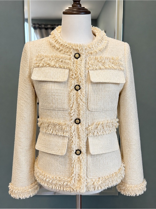 Jackets & Blazers - 20%Wool Cream Boucle Tweed Jacket Fringe Trim Gold Button Blazer